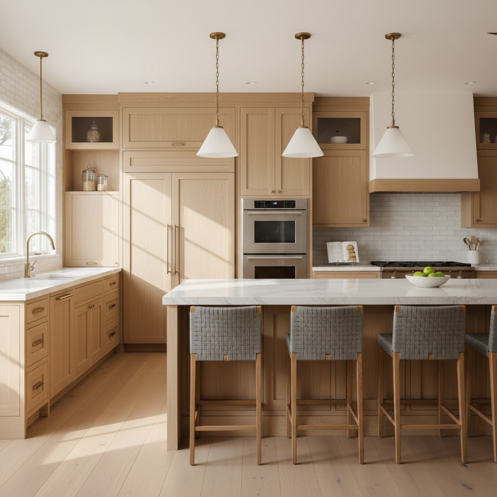 Upscale kitchen with integrated refrigerator and wall oven